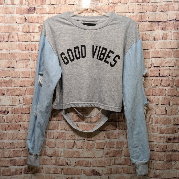 Thrill 94 Good Vibes Distressed Denim Sleeve Crop Top With Open Back Size Med - Picture 1 of 13